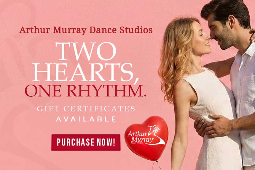 Valentines Day Dance Lesson Gift Certificates Arthur Murray Valentine's Day dance lesson gift certificates at Arthur Murray Dance Studios. Two Hearts, One Rhythm campaign.